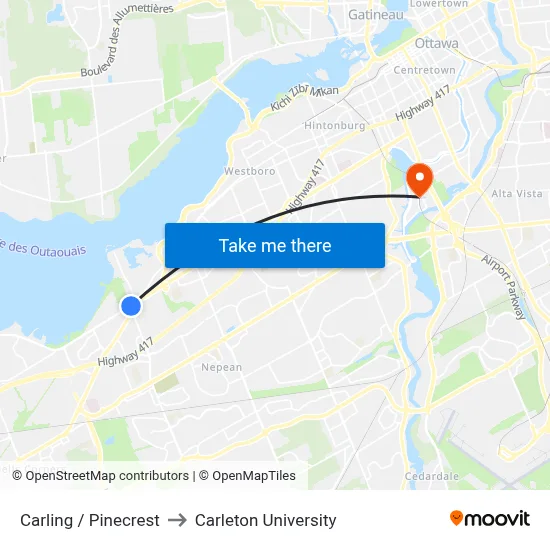 Carling / Pinecrest to Carleton University map