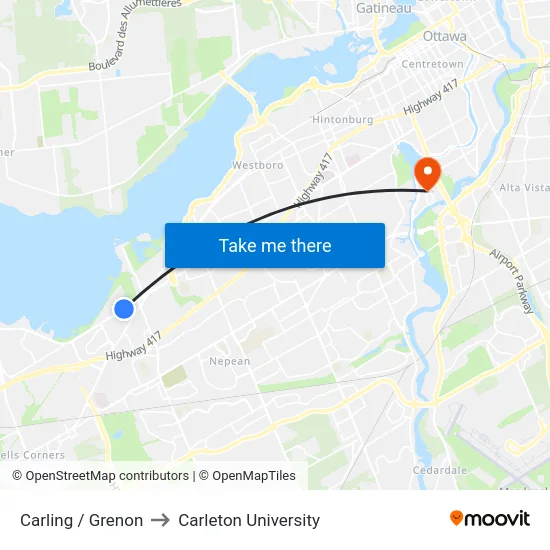 Carling / Grenon to Carleton University map