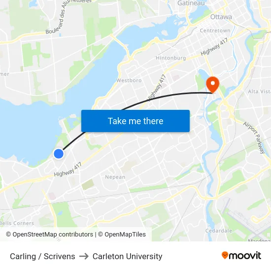 Carling / Scrivens to Carleton University map