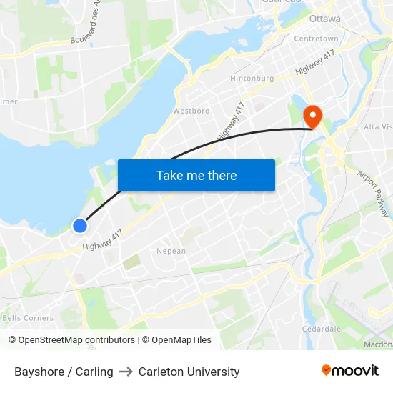 Bayshore / Carling to Carleton University map