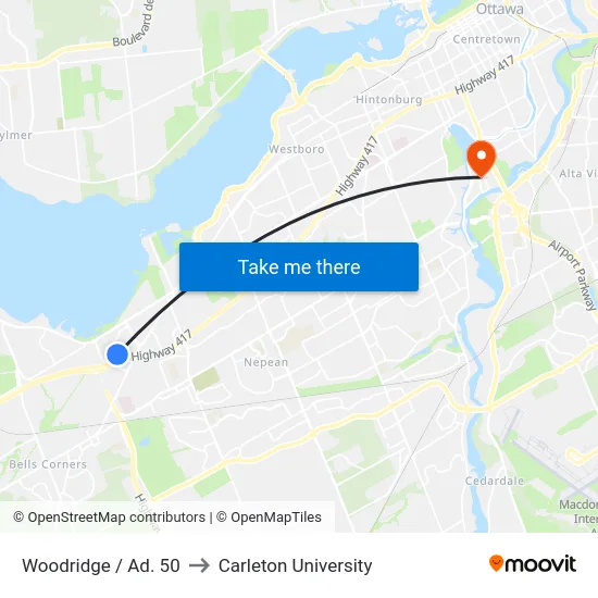 Woodridge / Ad. 50 to Carleton University map