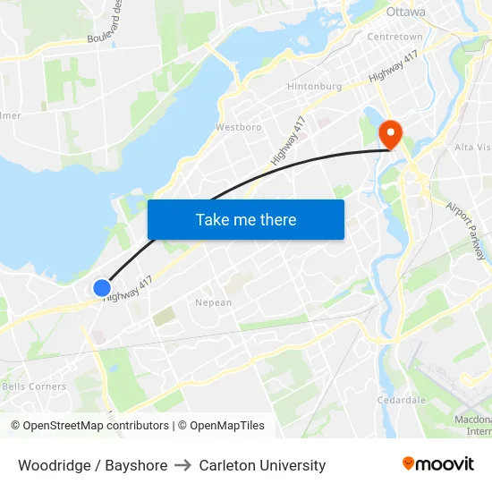 Woodridge / Bayshore to Carleton University map