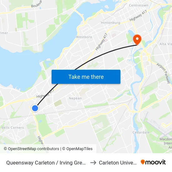 Queensway Carleton / Irving Greenberg to Carleton University map