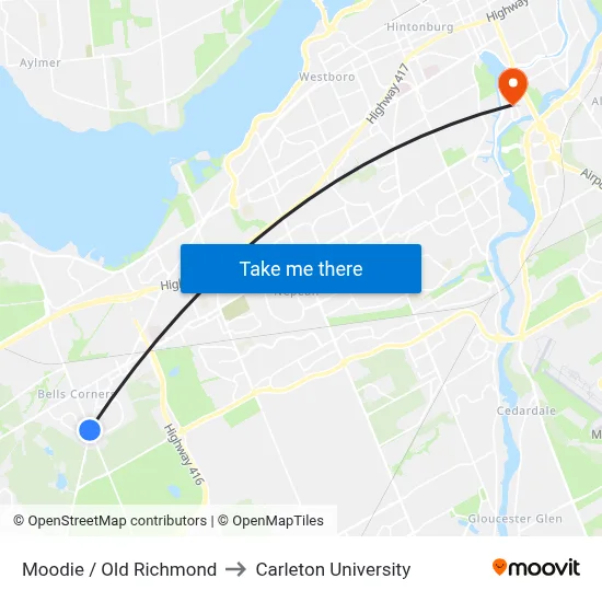 Moodie / Old Richmond to Carleton University map