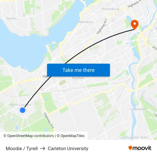 Moodie / Tyrell to Carleton University map