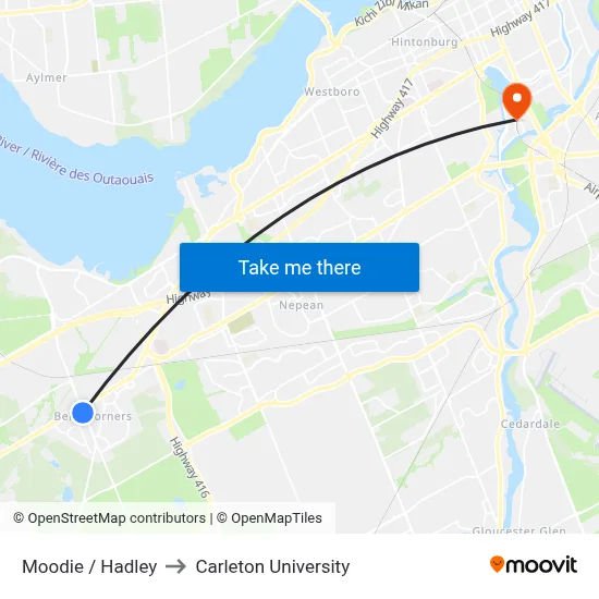 Moodie / Hadley to Carleton University map