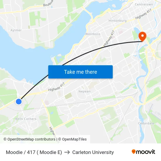 Moodie / 417 ( Moodie E) to Carleton University map