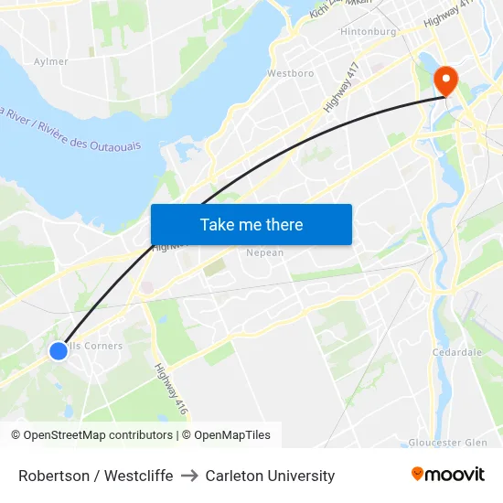 Robertson / Westcliffe to Carleton University map