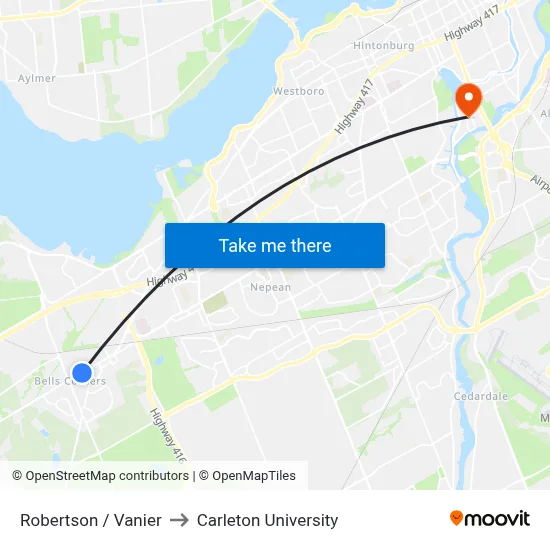 Robertson / Vanier to Carleton University map
