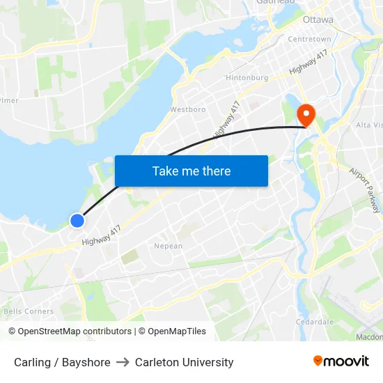Carling / Bayshore to Carleton University map
