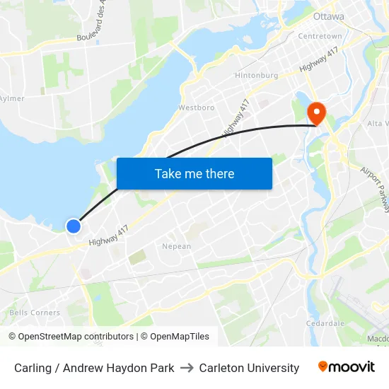 Carling / Andrew Haydon Park to Carleton University map