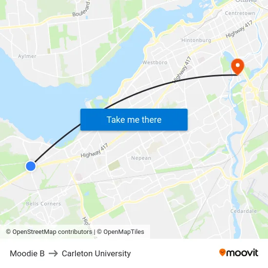 Moodie B to Carleton University map
