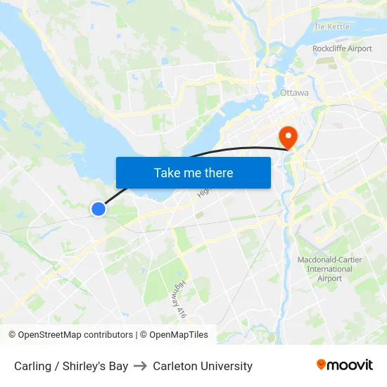 Carling / Shirley's Bay to Carleton University map