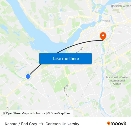 Kanata / Earl Grey to Carleton University map