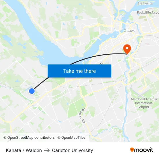 Kanata / Walden to Carleton University map