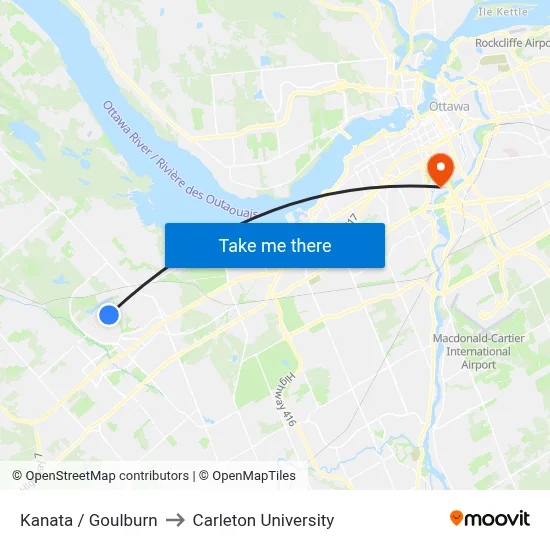 Kanata / Goulburn to Carleton University map