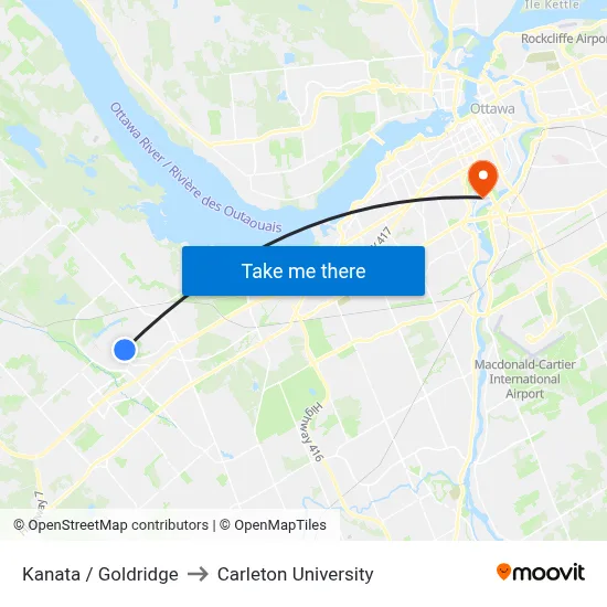 Kanata / Goldridge to Carleton University map