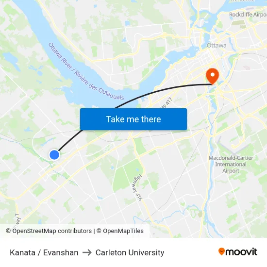 Kanata / Evanshan to Carleton University map