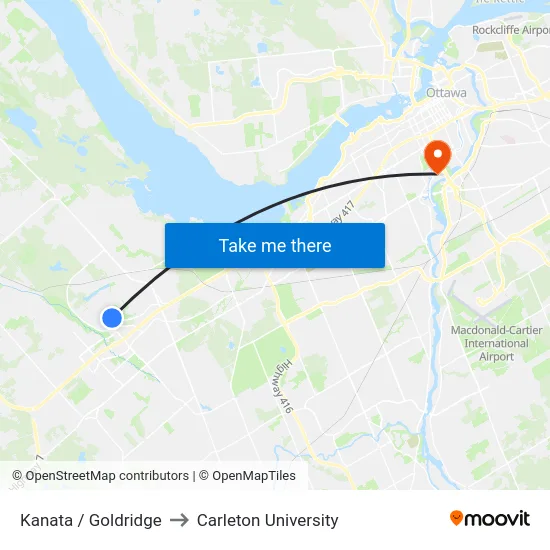 Kanata / Goldridge to Carleton University map