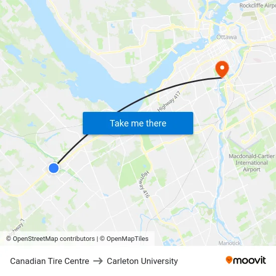 Canadian Tire Centre to Carleton University map