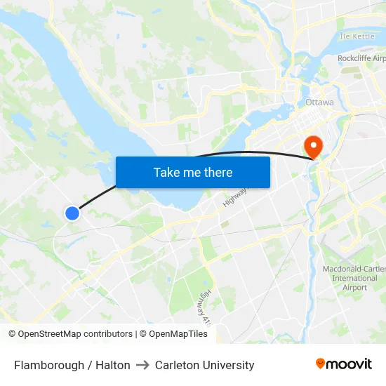 Flamborough / Halton to Carleton University map