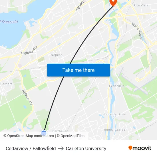 Cedarview / Fallowfield to Carleton University map