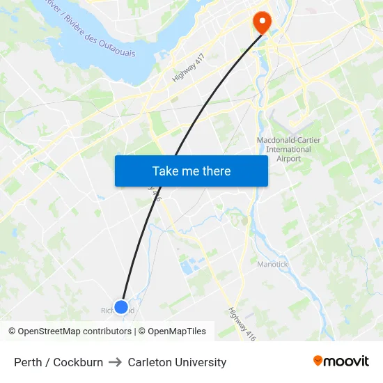 Perth / Cockburn to Carleton University map