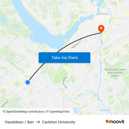 Hazeldean / Iber to Carleton University map