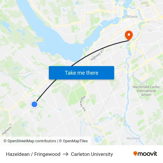 Hazeldean / Fringewood to Carleton University map