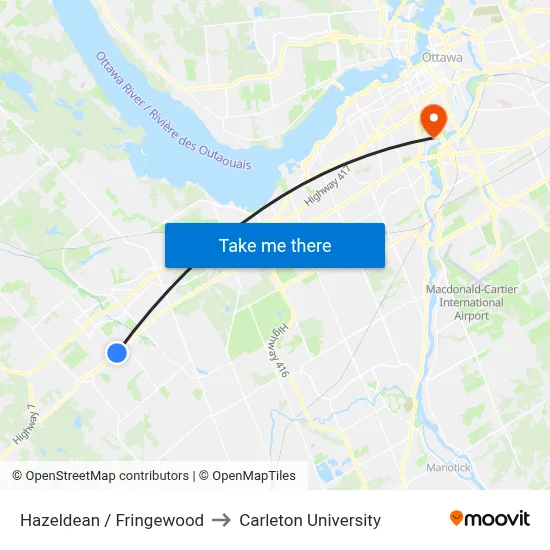 Hazeldean / Fringewood to Carleton University map