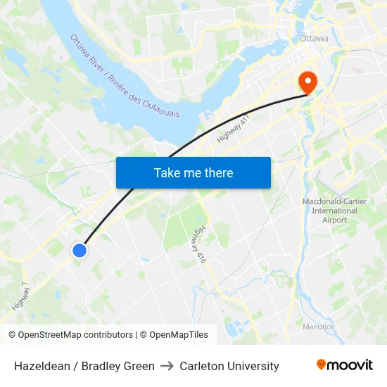 Hazeldean / Bradley Green to Carleton University map