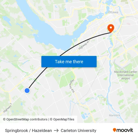 Springbrook / Hazeldean to Carleton University map