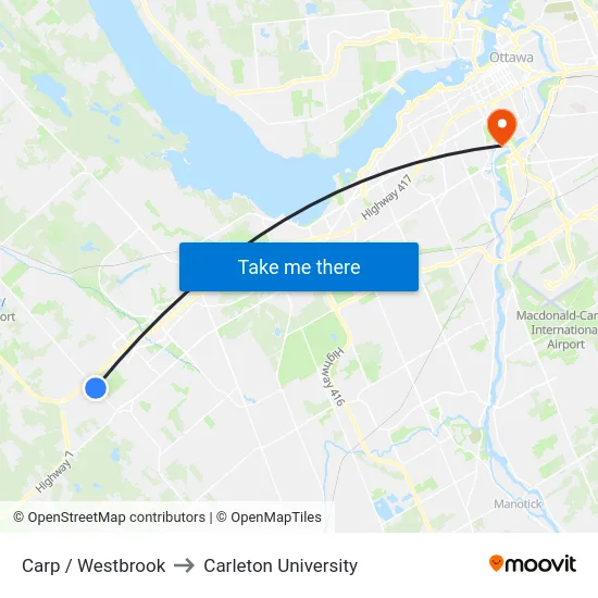 Carp / Westbrook to Carleton University map