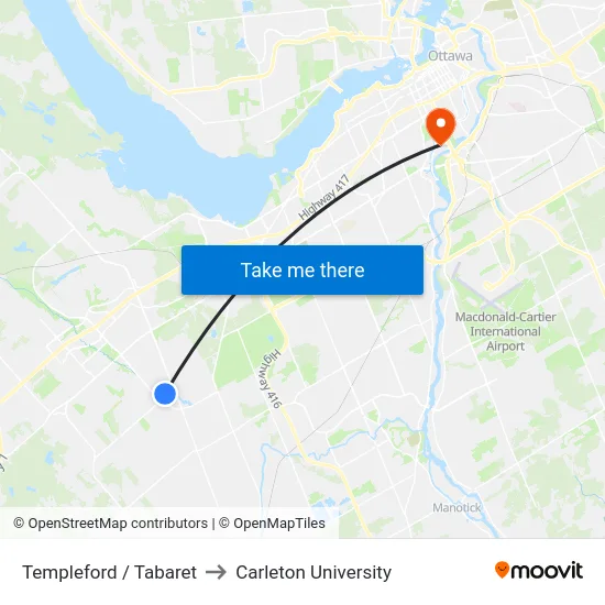 Templeford / Tabaret to Carleton University map
