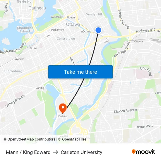 Mann / King Edward to Carleton University map