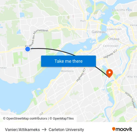Vanier/Attikameks to Carleton University map