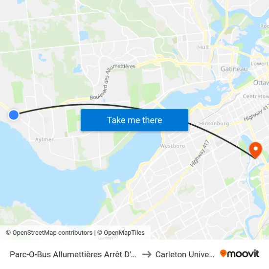Parc-O-Bus Allumettières Arrêt D'Arrivée to Carleton University map
