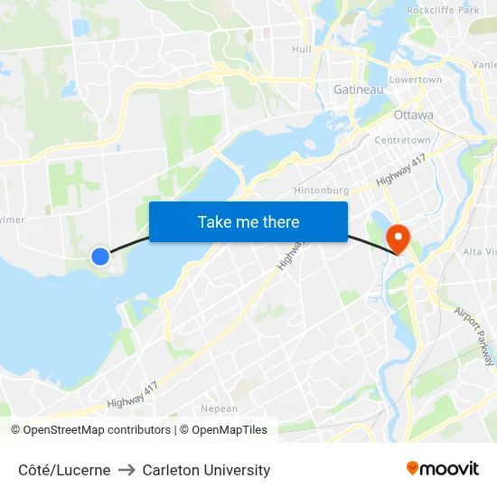 Côté/Lucerne to Carleton University map