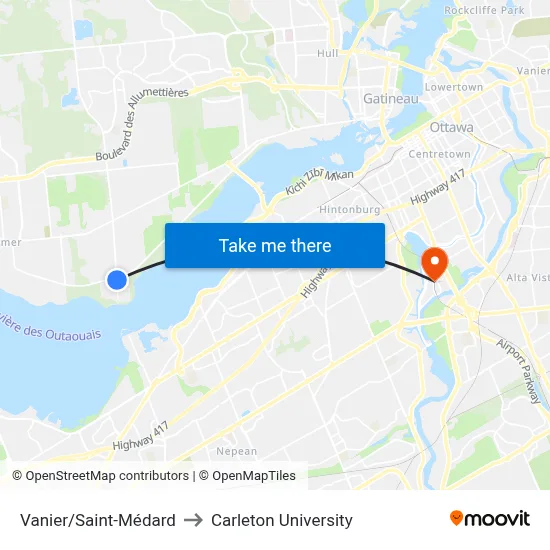 Vanier/Saint-Médard to Carleton University map