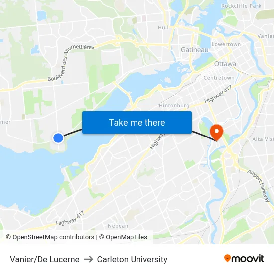 Vanier/De Lucerne to Carleton University map