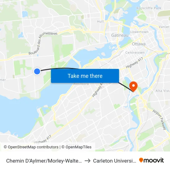 Chemin D'Aylmer/Morley-Walters to Carleton University map