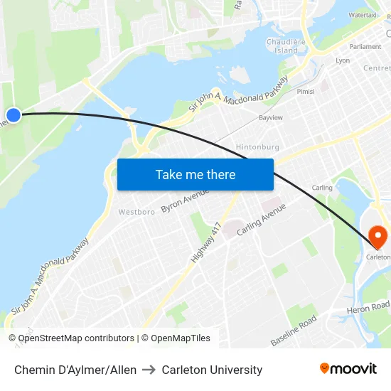 Chemin D'Aylmer/Allen to Carleton University map