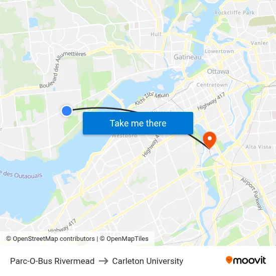 Parc-O-Bus Rivermead to Carleton University map