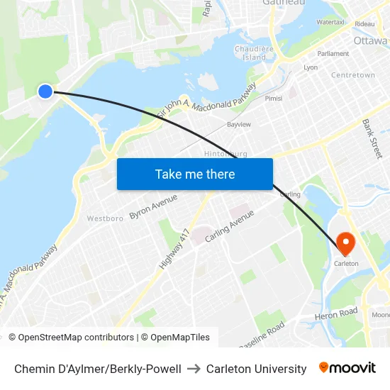 Chemin D'Aylmer/Berkly-Powell to Carleton University map