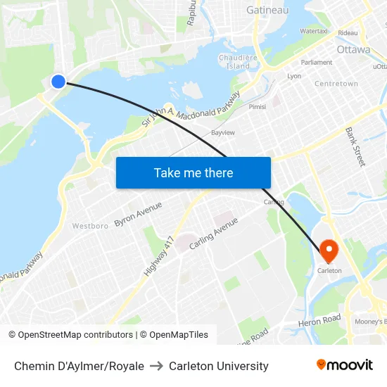 Chemin D'Aylmer/Royale to Carleton University map