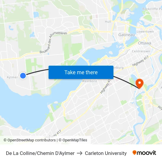 De La Colline/Chemin D'Aylmer to Carleton University map