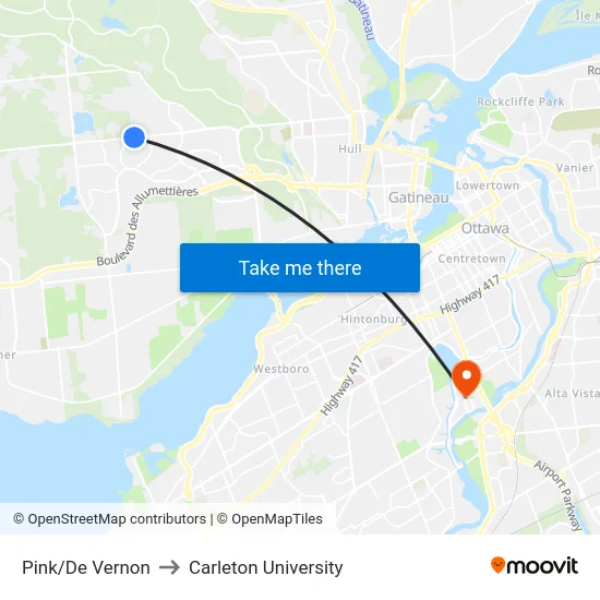Pink/De Vernon to Carleton University map