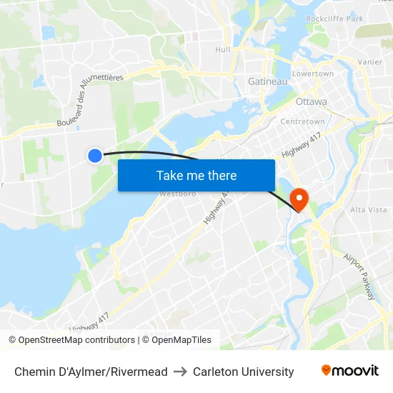 Chemin D'Aylmer/Rivermead to Carleton University map