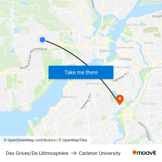 Des Grives/De L'Atmosphère to Carleton University map