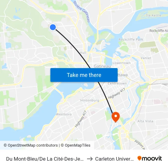 Du Mont-Bleu/De La Cité-Des-Jeunes to Carleton University map